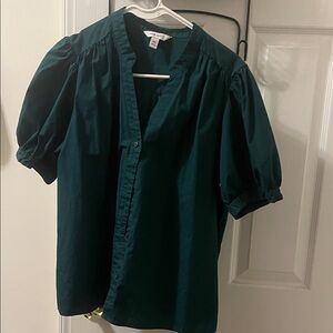 Pleated Puff-Sleeve Blouse in Dark Green Nine West- Womens